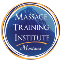 Logo of the massage training institute featuring a mountain graphic with the institute's name and location in montana.